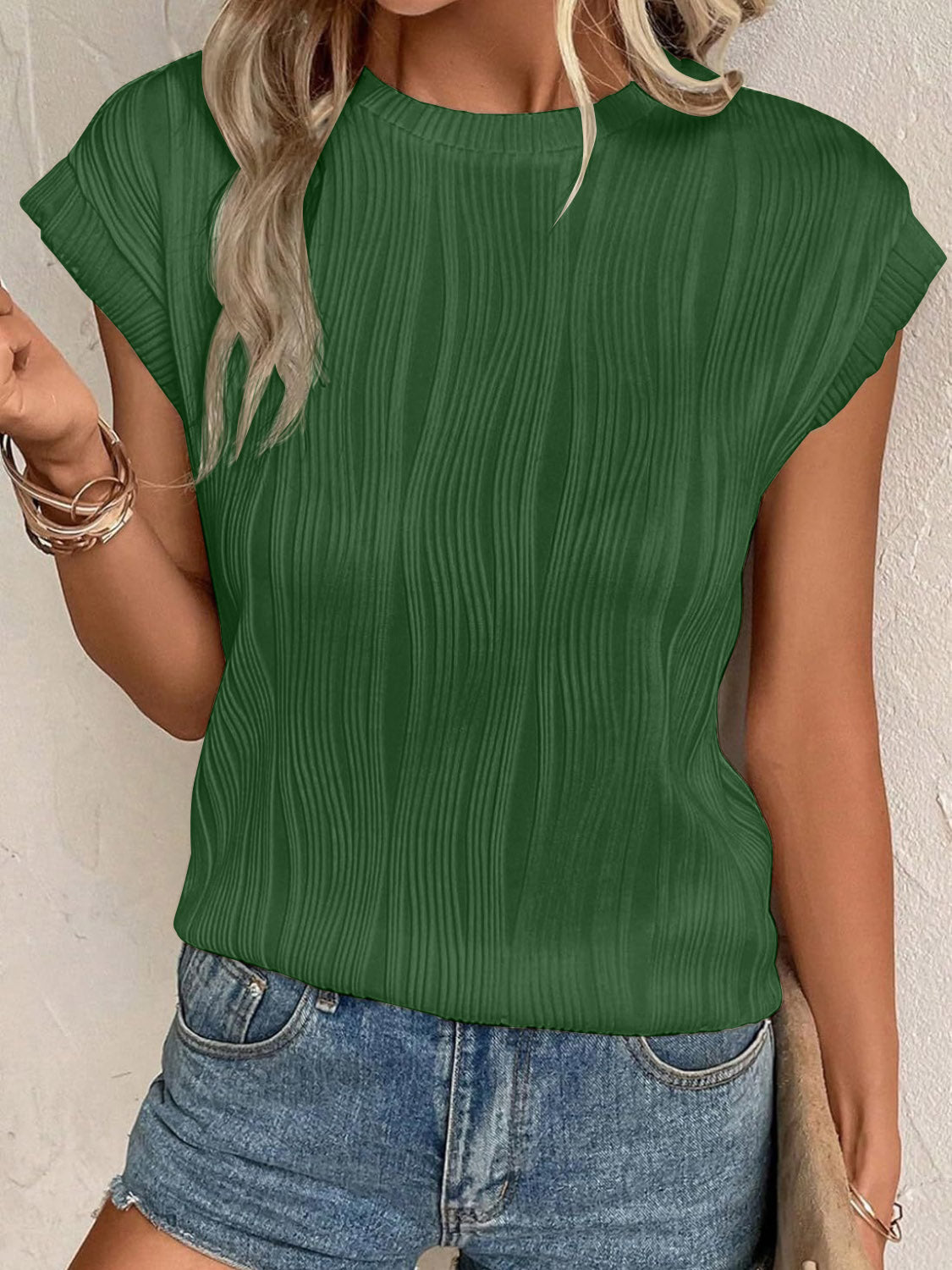 Textured Round Neck Cap Sleeve T-Shirt