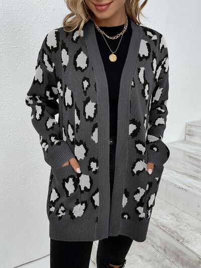 Leopard Open Front Dropped Shoulder Cardigan