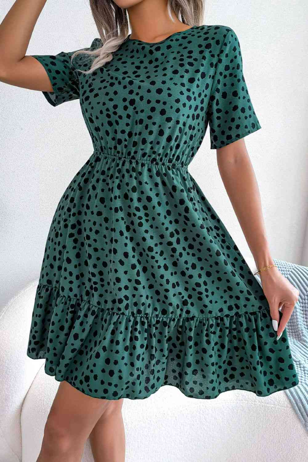 Printed Round Neck Short Sleeve Ruffled Dress