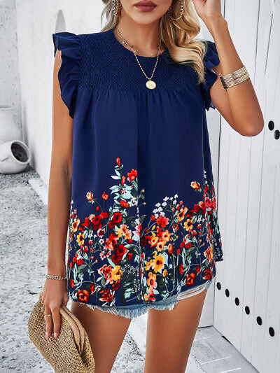 Floral Smocked Cap Sleeve Blouse