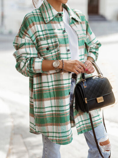 Pocketed Plaid Button Up Dropped Shoulder Shacket