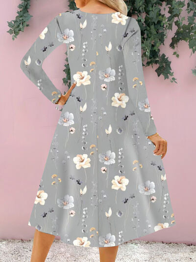 Floral Notched Long Sleeve Midi Dress