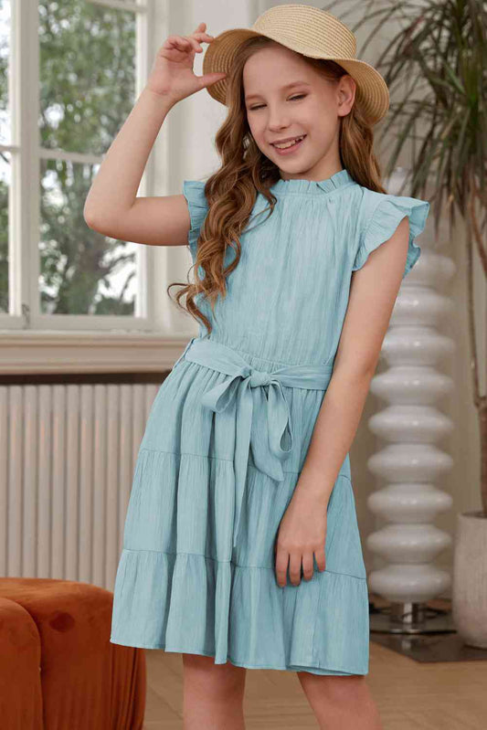 Frill Trim Tie Belt Tiered Dress