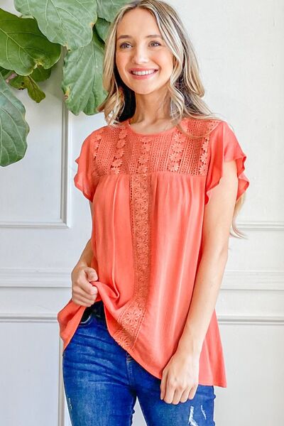 And The Why Lace Detail Ruffle Short Sleeve Blouse