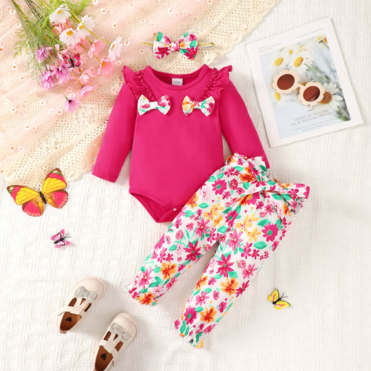 Bow Ruffled Round Neck Bodysuit and Printed Pants Set