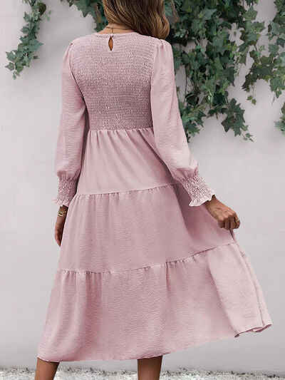 Smocked Round Neck Long Sleeve Midi Dress