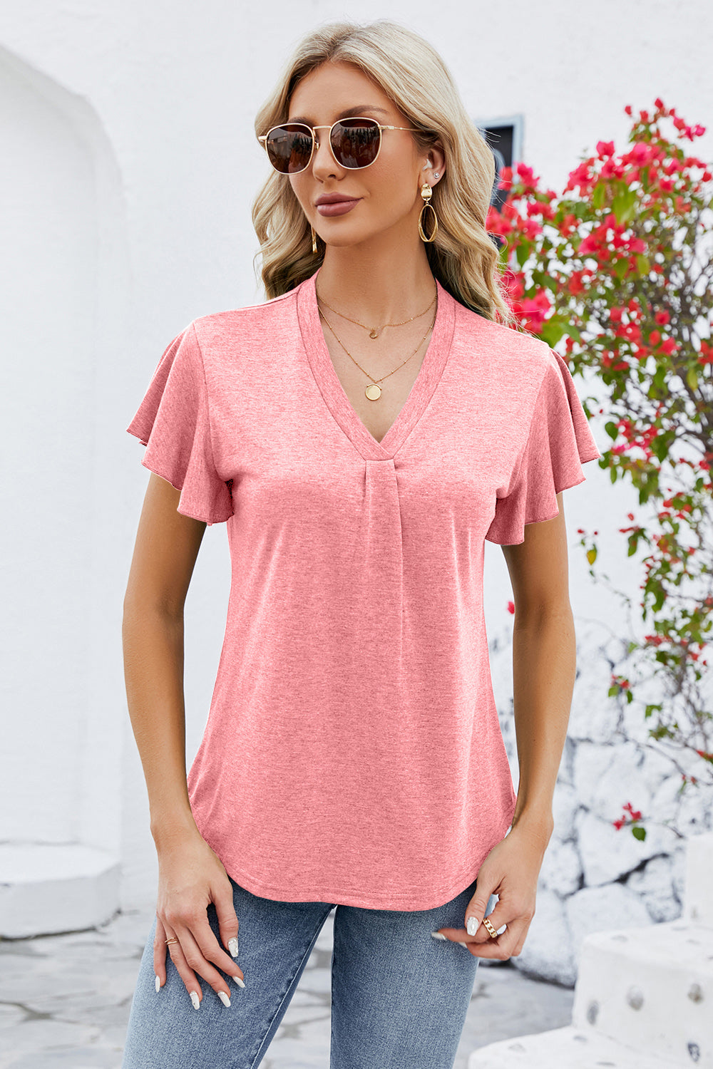 V-Neck Flutter Sleeve T-Shirt