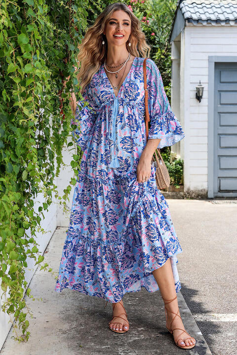 Deep V Three-Quarter Sleeve Maxi Dress