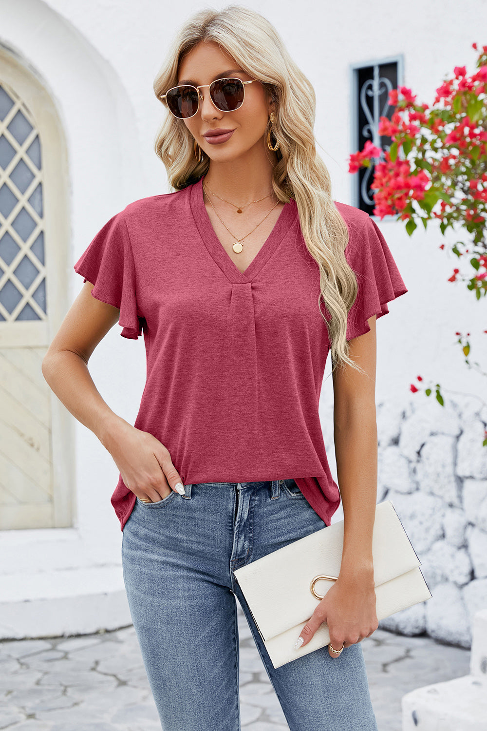 V-Neck Flutter Sleeve T-Shirt