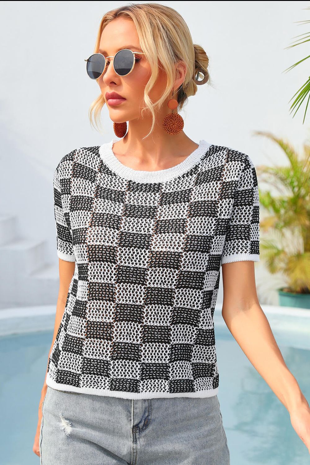 Checkered Short Sleeve Knit Top