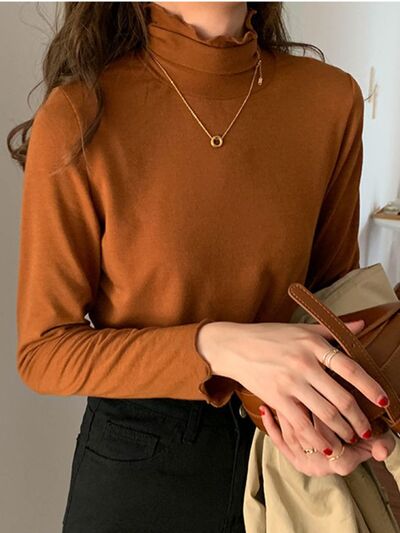 Lettuce Hem Mock Neck Long Sleeve T-Shirt