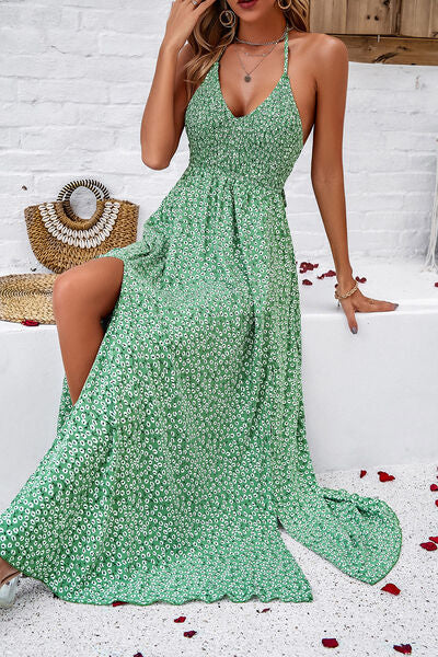 Smocked Slit Tied Printed Dress