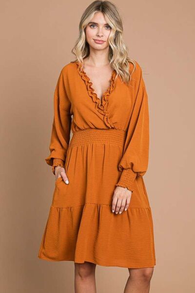 Culture Code Full Size Frill Smocked Lantern Sleeve Mini Dress