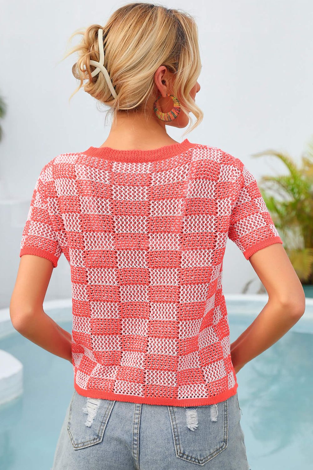 Checkered Short Sleeve Knit Top