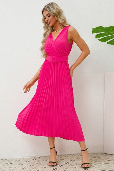 Surplice Sleeveless Midi Pleated Dress