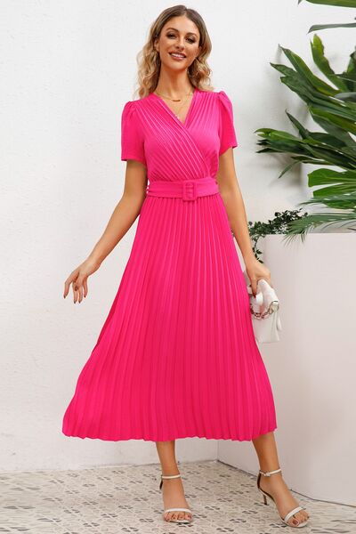 Pleated Surplice Short Sleeve Midi Dress