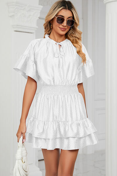 Smocked Tie Neck Flounce Sleeve Dress