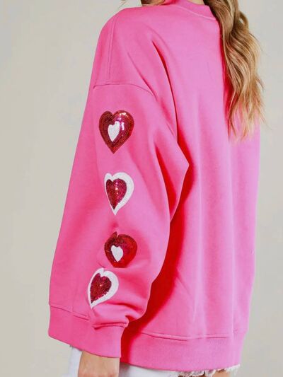 Sequin Heart Round Neck Dropped Shoulder Sweatshirt