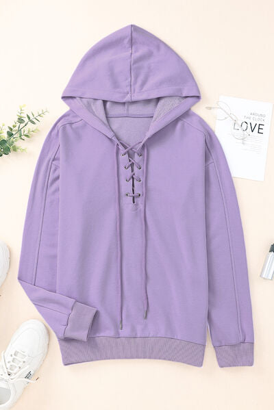 Lace-Up Dropped Shoulder Hoodie