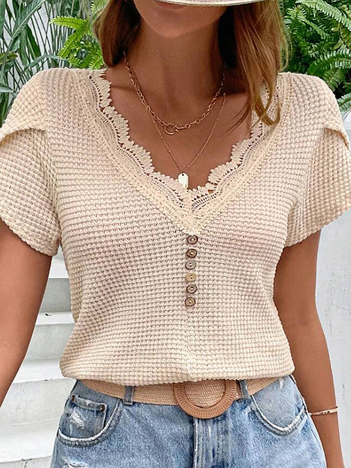 Lace Detail V-Neck Short Sleeve T-Shirt