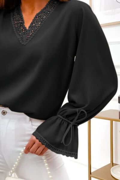 Openwork V-Neck Flounce Sleeve Blouse