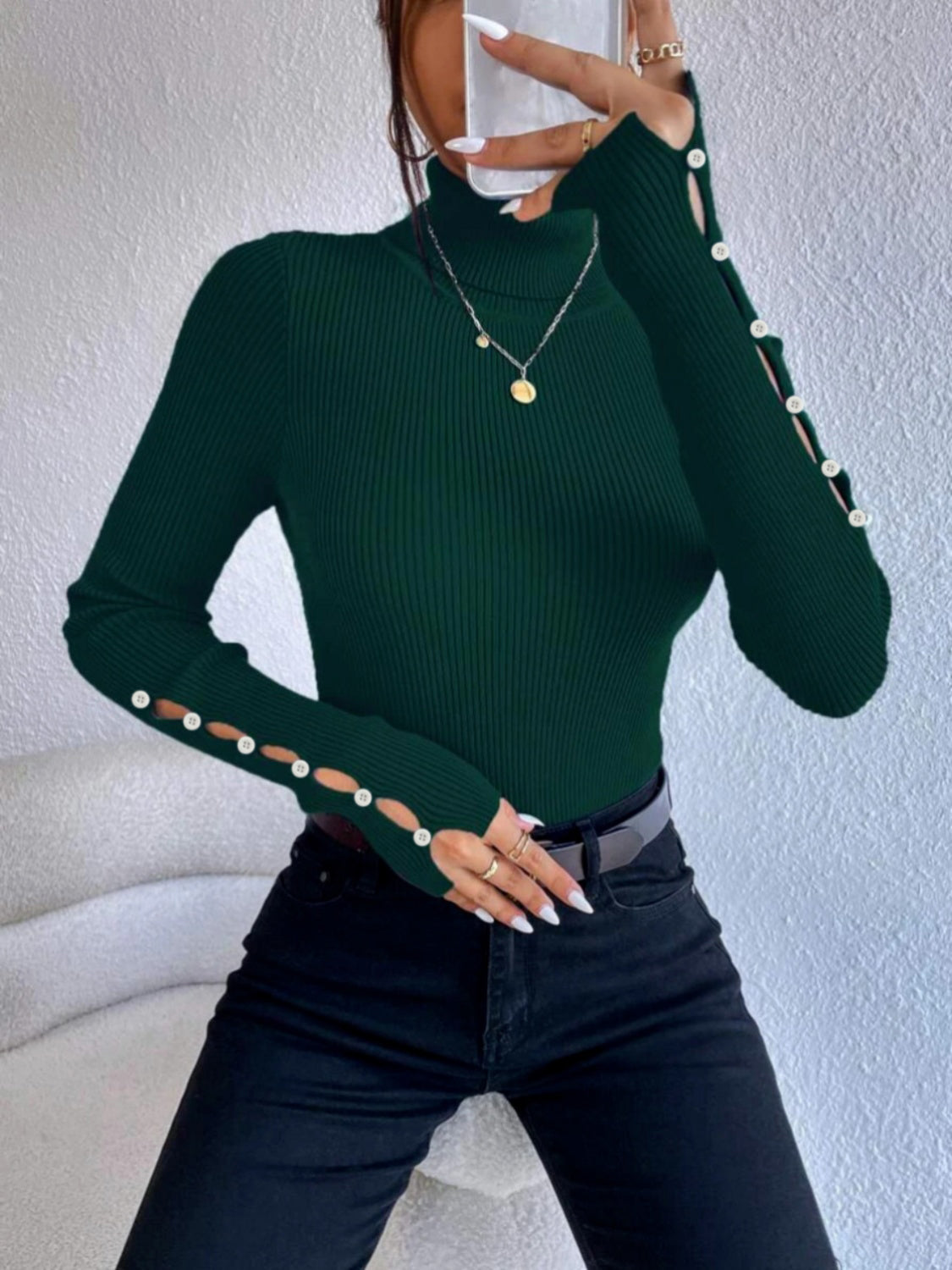 Cutout Turtleneck Rib-Knit Top