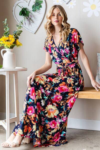 Heimish Full Size Floral Surplice Tie Waist Maxi Dress