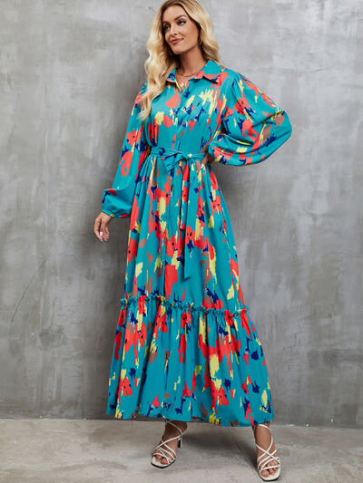 Frill Tied Printed Balloon Sleeve Dress