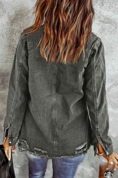 Distressed Raw Hem Snap Down Denim Jacket