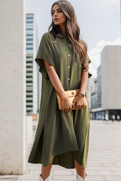 Slit Button Up Half Sleeve Dress