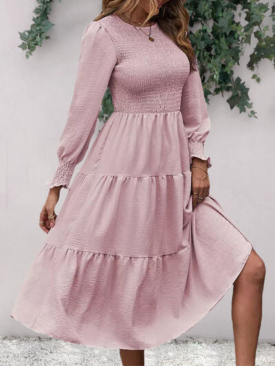 Smocked Round Neck Long Sleeve Midi Dress