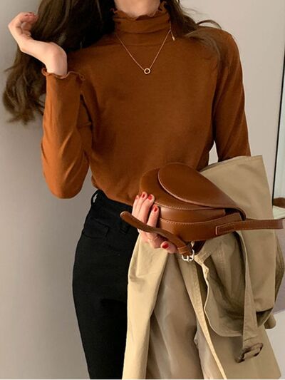 Lettuce Hem Mock Neck Long Sleeve T-Shirt