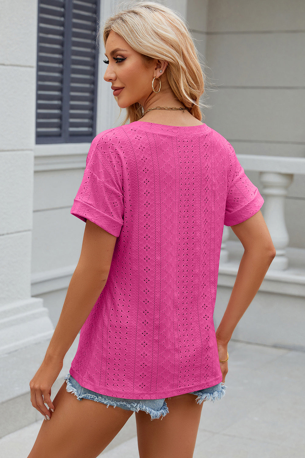 Eyelet V-Neck Short Sleeve T-Shirt