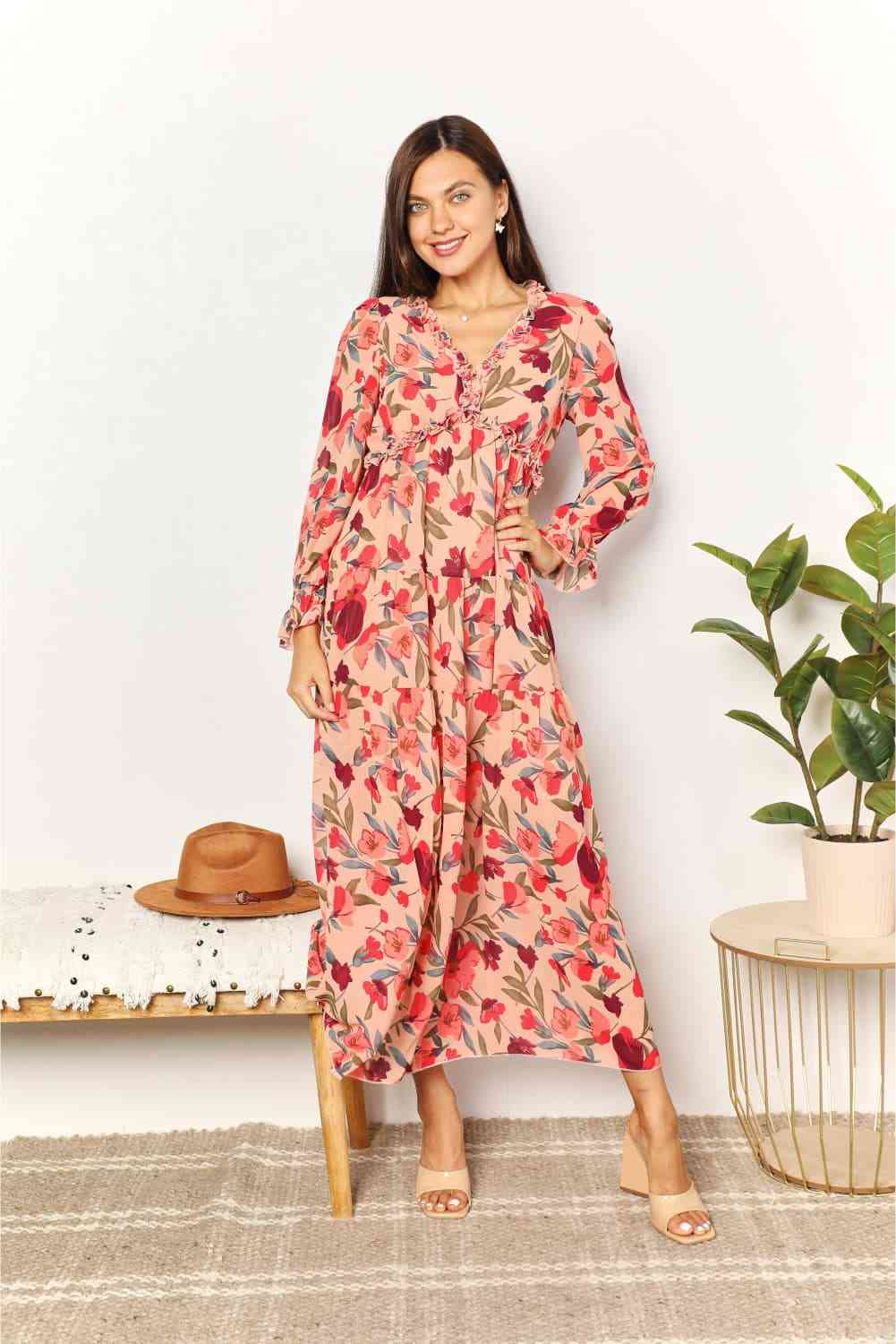 Double Take Floral Frill Trim Flounce Sleeve Plunge Maxi Dress