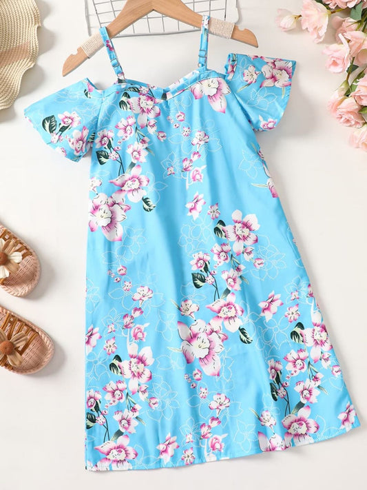 Girls Floral Cold-Shoulder Flutter Sleeve Dress